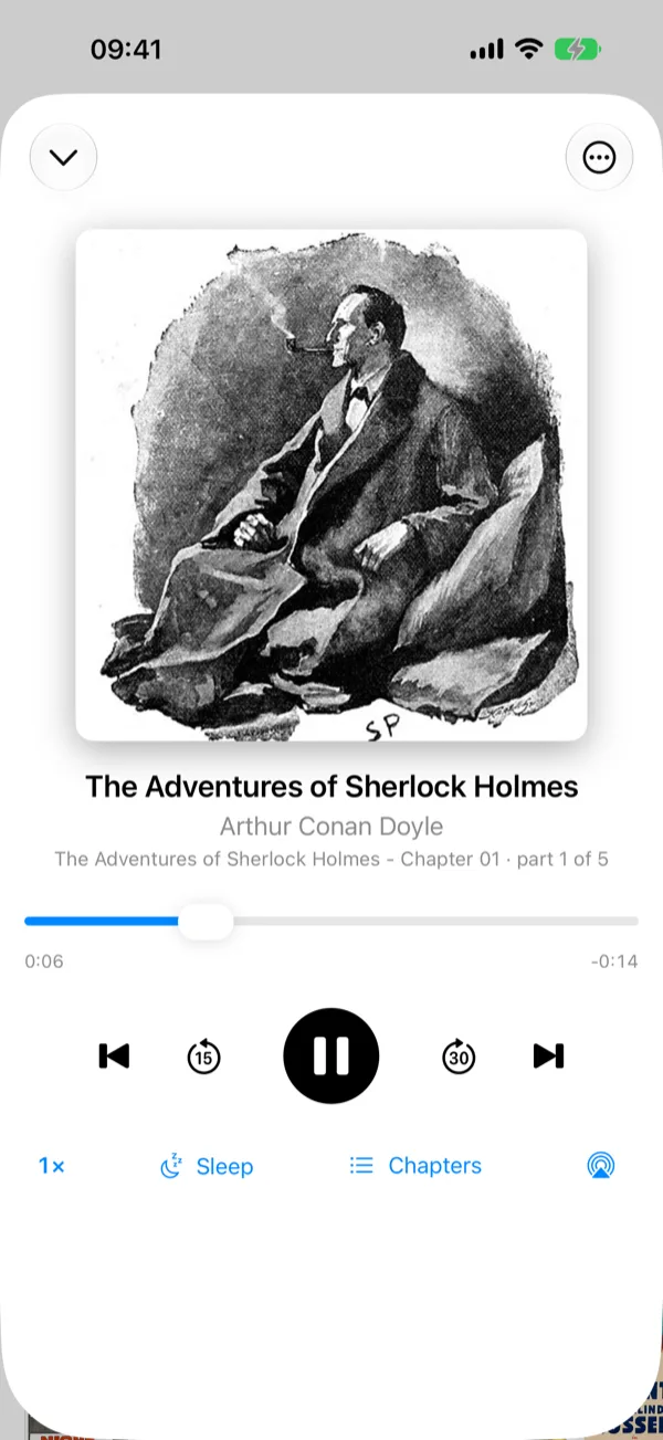 The audiobook player: cover, chapter, progress, speed, sleep timer and chapters