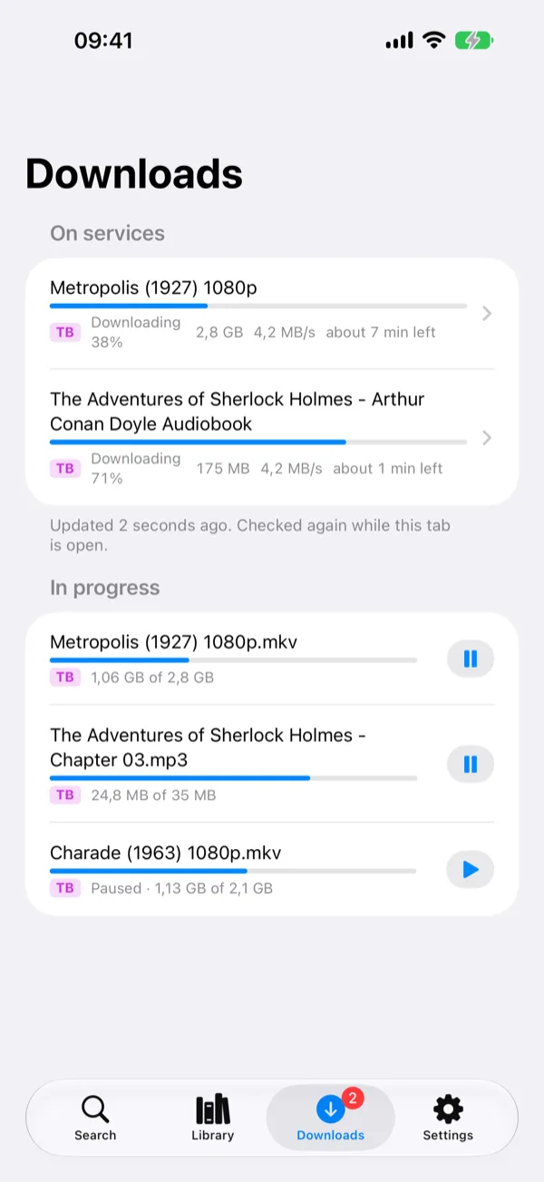 Downloads: items your services are fetching and files coming to the phone