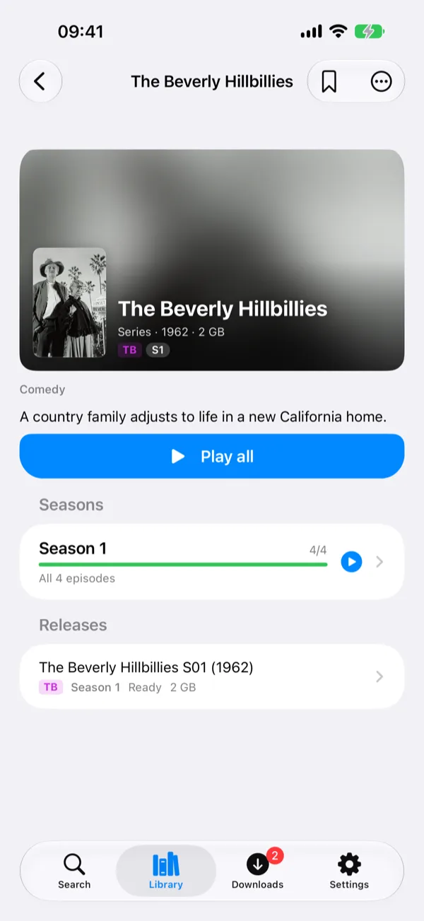 A series screen: seasons, episodes held, and Play all