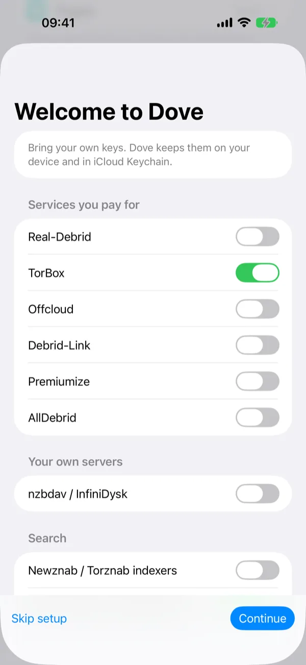 Dove on an iPhone: the setup screen, where you tick the services you pay for