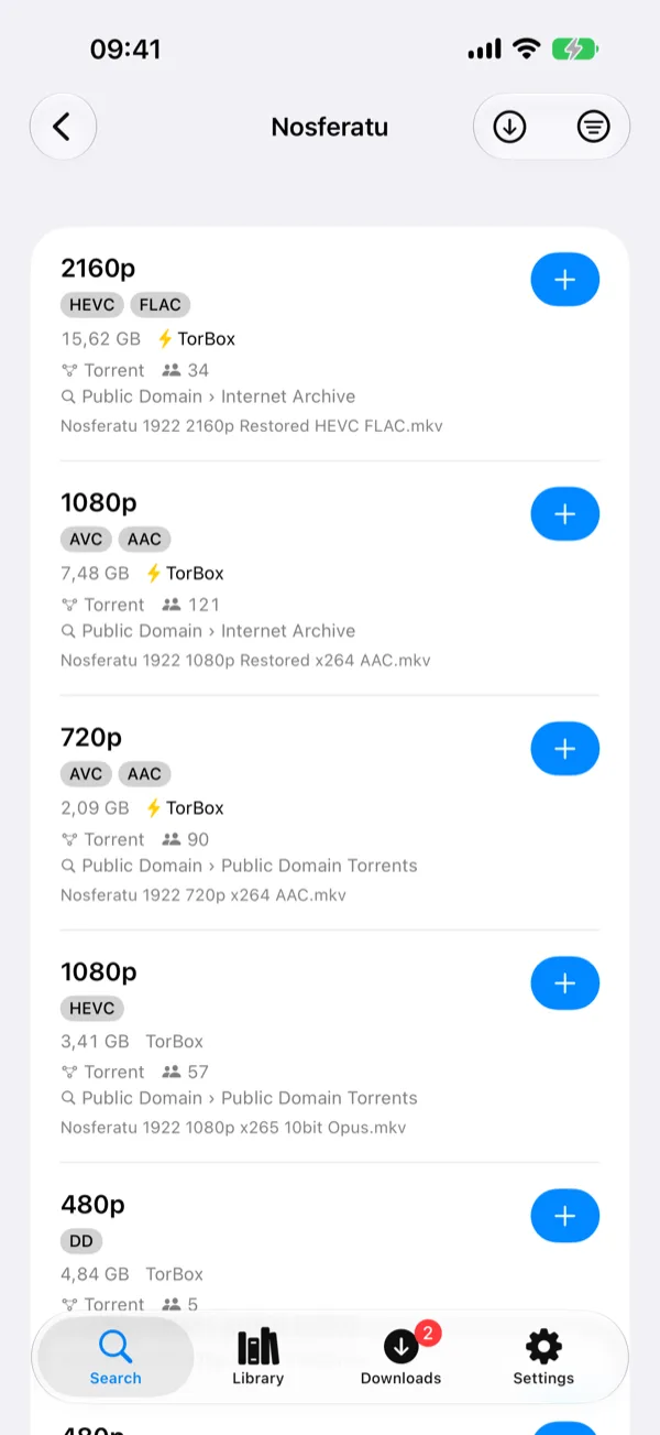 Dove on an iPhone: a film's sources by resolution, cached on TorBox