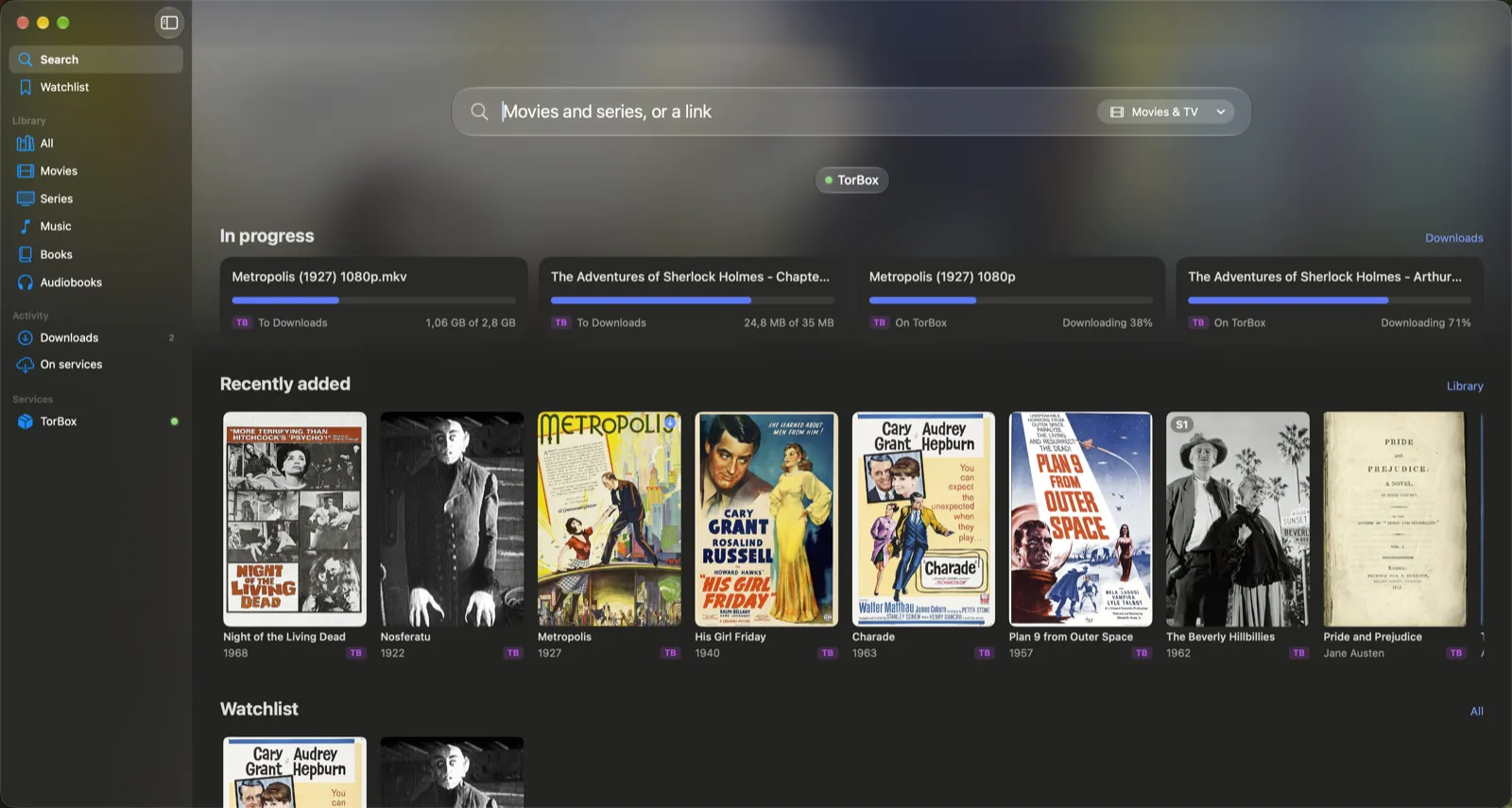 Dove on a Mac: the start page with downloads in progress, recently added titles and the watchlist