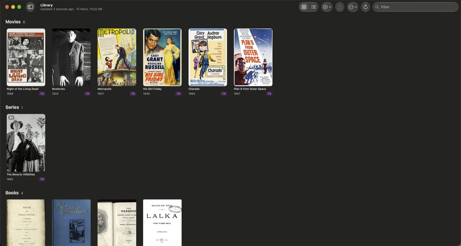 Dove on a Mac: the library as shelves of movies, series and books