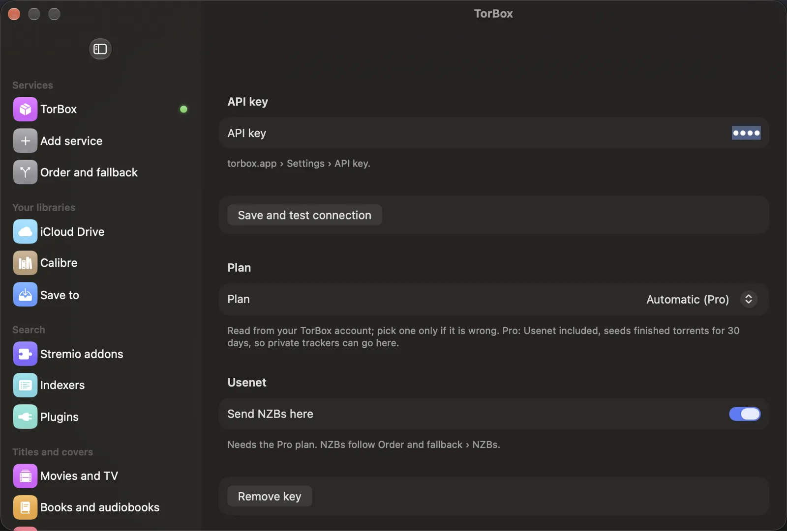 Dove on a Mac: the Settings window with a TorBox API key