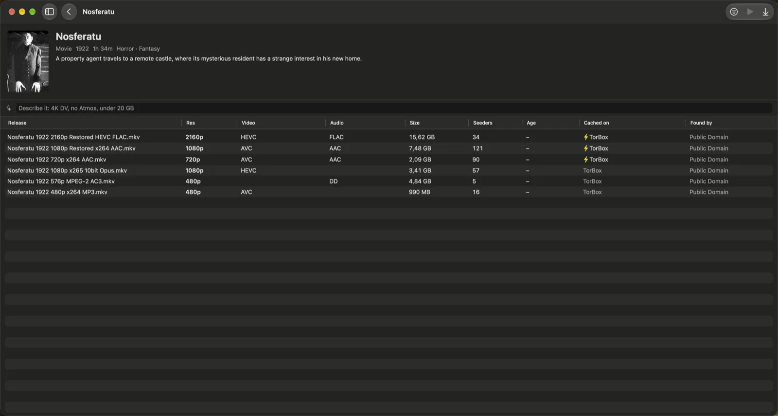 Dove on a Mac: a table of a film's releases with resolution, codecs, size, seeders and where each is cached